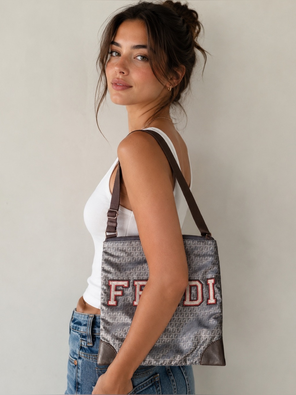 Fendi Tan Beige FF Logo Crossbody Bag